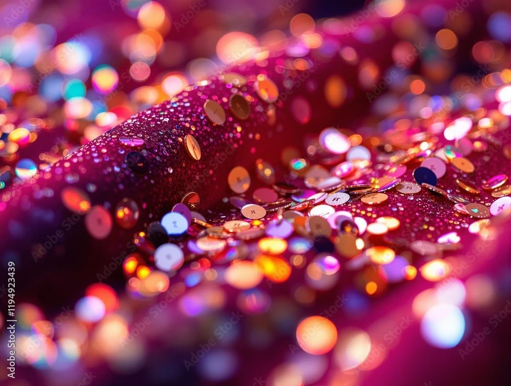 Poster macro shot of a red rose covered in glitter, with a vibrant and colorful Bokeh effect in the background.