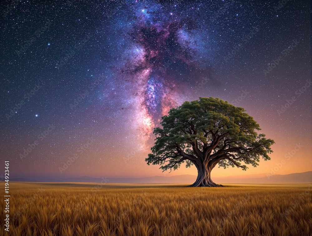Poster majestic tree standing tall in a field of wheat under a mesmerizing starry sky with the milky way pr