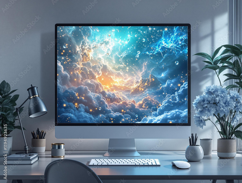 Poster computer monitor on a desk, with a vibrant and colorful background depicting a nebula or galaxy. the
