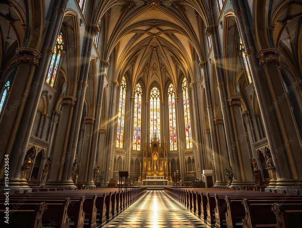 Poster Gothic cathedral with tall, arched windows allowing sunlight to stream through, casting dramatic shadows and creating a serene atmosphere. The floor is lined with polished stone, leading towards the a