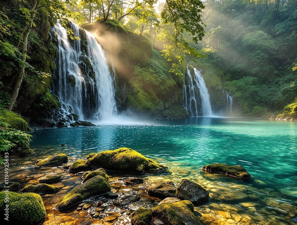 Poster beautiful forest scene with a waterfall cascading into a crystal-clear blue pool surrounded by lush greenery and moss-covered rocks. The sunlight filters through the trees, creating a serene and natur