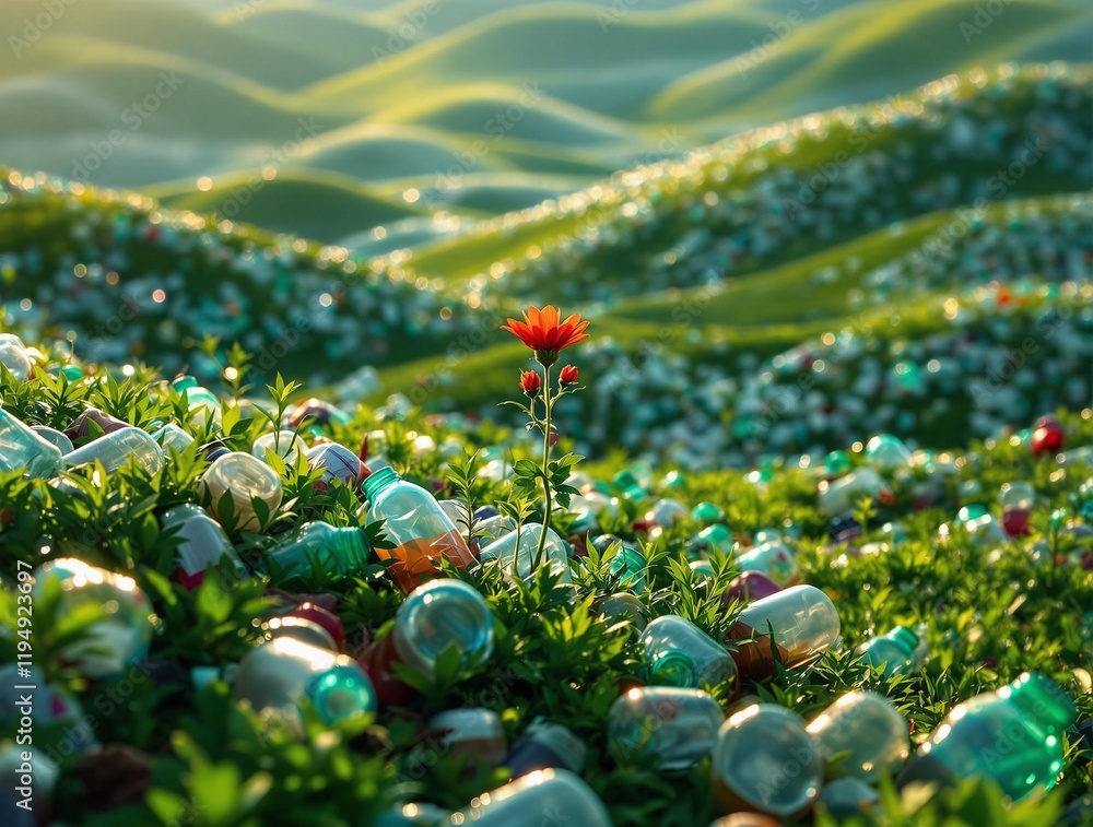 Poster field of flowers with a bright red flower standing out against a background of lush greenery. the fl