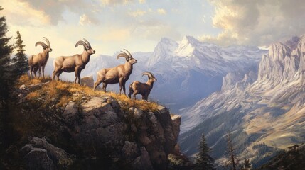 Naklejka premium A group of Alpine ibex grazing on a high mountain ridge with a breathtaking view