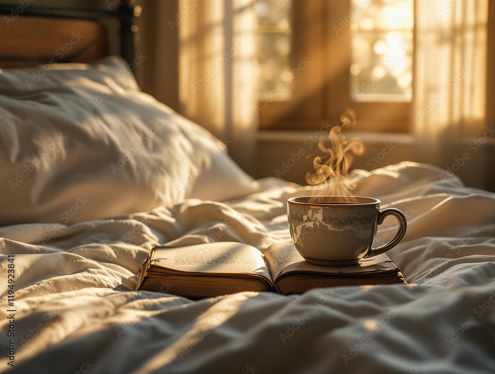 Poster cozy scene with a bed covered in white sheets and a book on top of a white blanket. a cup of coffee 