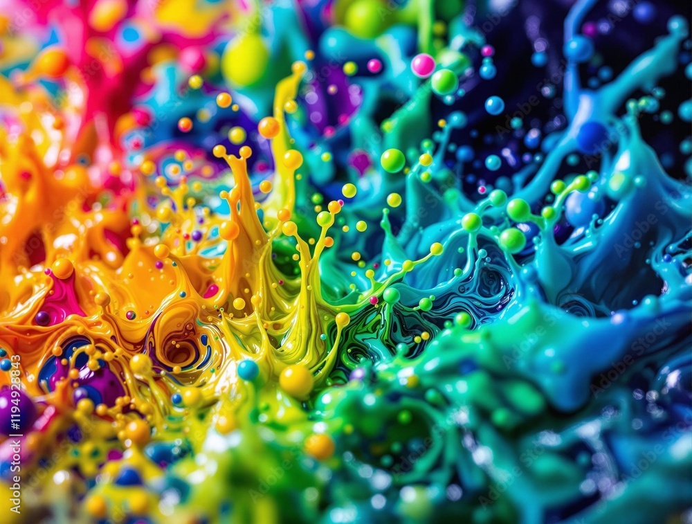 Poster vibrant array of colorful paint splashes, creating an abstract and dynamic visual effect. The colors are bright and varied, including shades of red, blue, yellow, green, and purple, and the splashes s