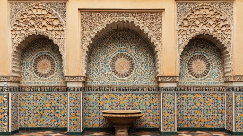 Poster detailed architecture with arches and mosaic tiles in an islamic style setting