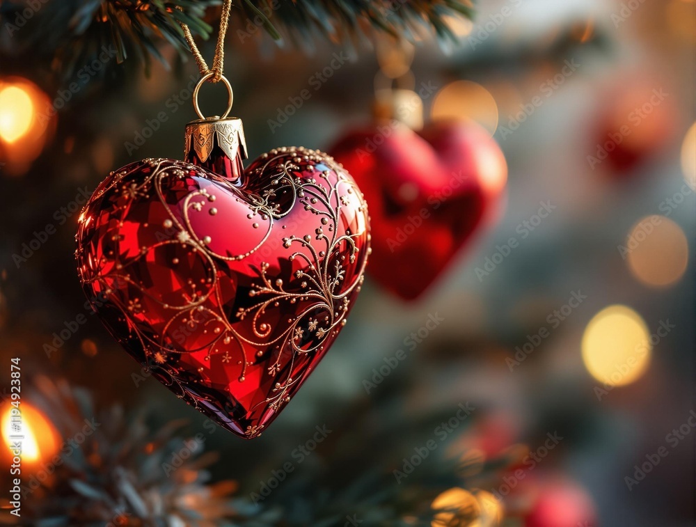 Poster close-up of a christmas tree, focusing on a red heart-shaped ornament adorned with intricate designs