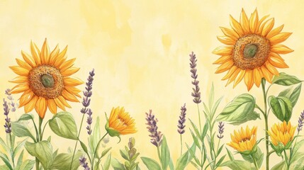 Obraz premium blooming sunflowers, lavender, and fresh greenery, all set against a pastel yellow backdrop. The vibrant sunflowers stand tall, their golden petals reaching toward the sky.