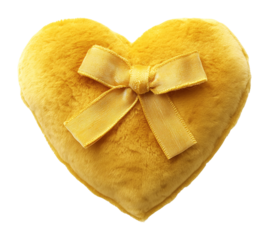 Coussin jaune duveteux en forme de cœur avec nœud en ruban, cadeau de Saint-Valentin, isolé sur fond transparent