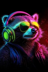 Neon Party Raccoon DJ Isolated, Vibrant Animal Portrait with Headphones on Seamless BG