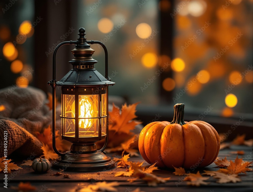 Poster a cozy scene with a lit lantern and a small pumpkin on a surface surrounded by autumn leaves and a w