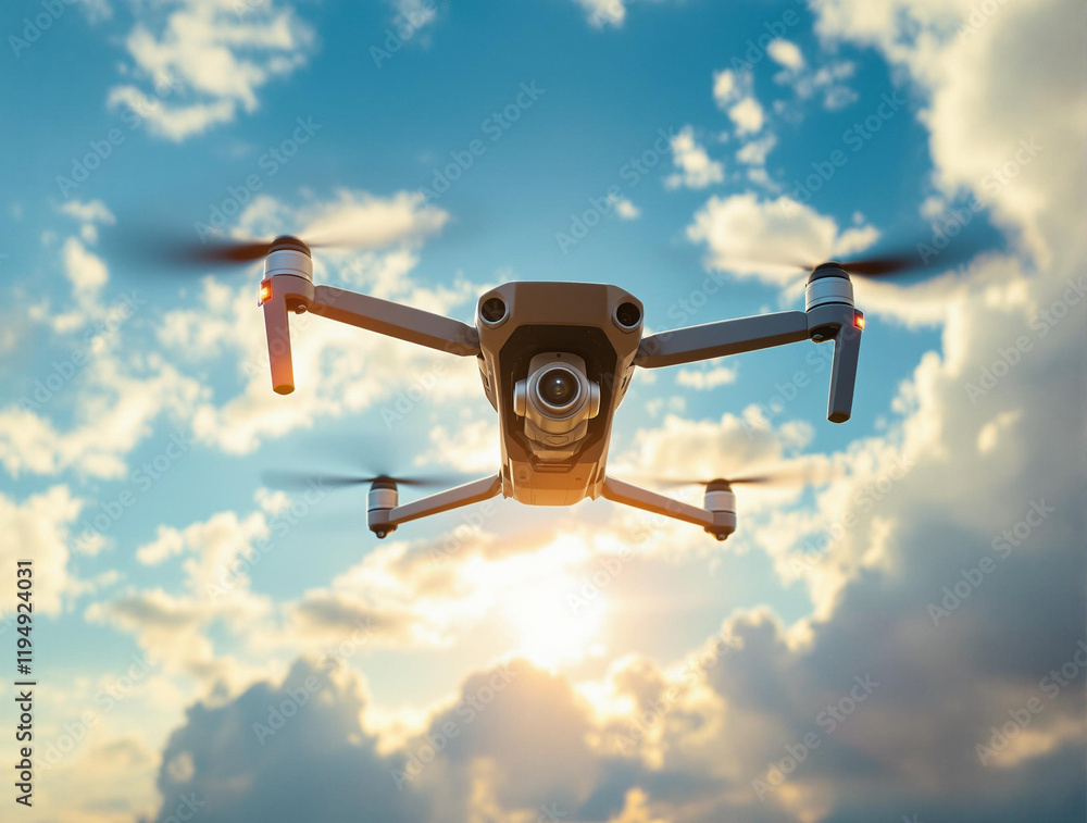 Poster drone with four rotors flying in the sky, with a bright sun shining through the clouds in the backgr