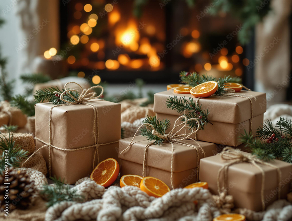 Poster cozy scene with wrapped gifts placed on a surface, surrounded by pine branches, orange slices, and p