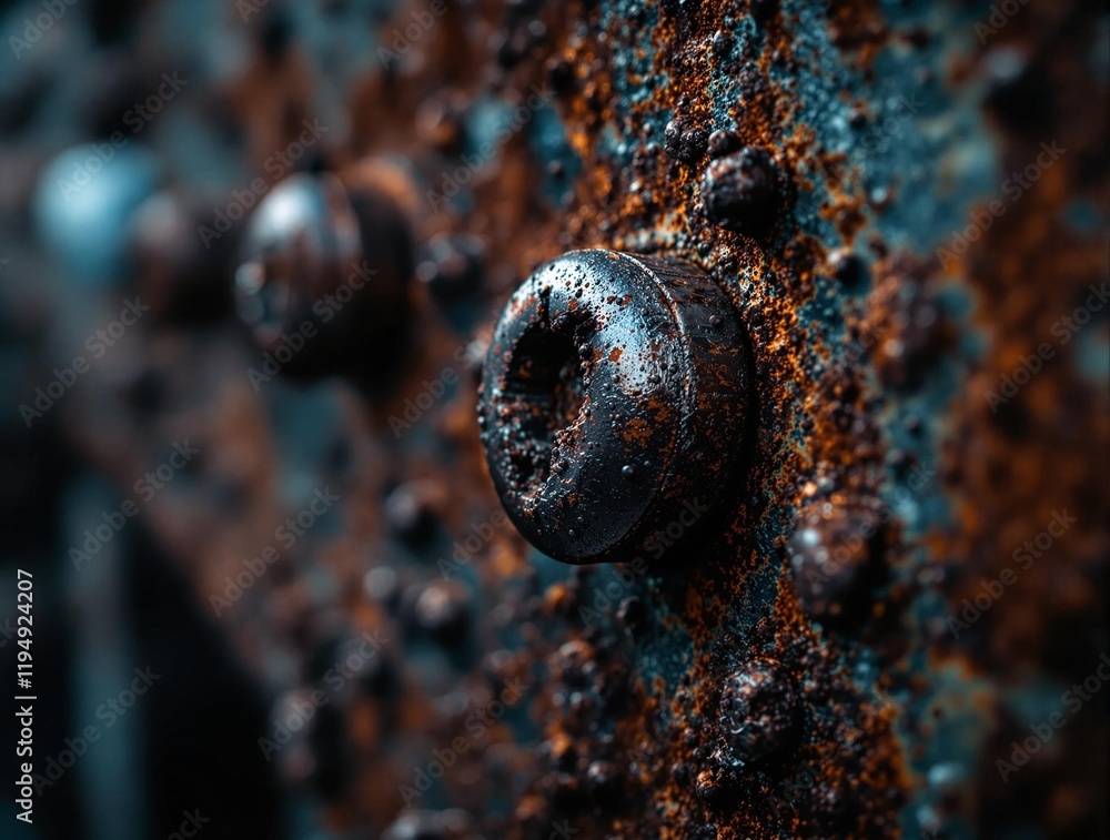 Poster close-up view of a rusty metal surface with visible bolts. The rust and bolts create a textured pattern against the dark background.