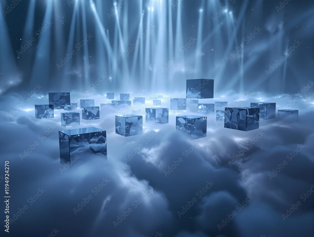 Aufkleber  stage with a futuristic design, featuring illuminated boxes and a cloud-like backdrop, creating an ethereal and modern atmosphere.