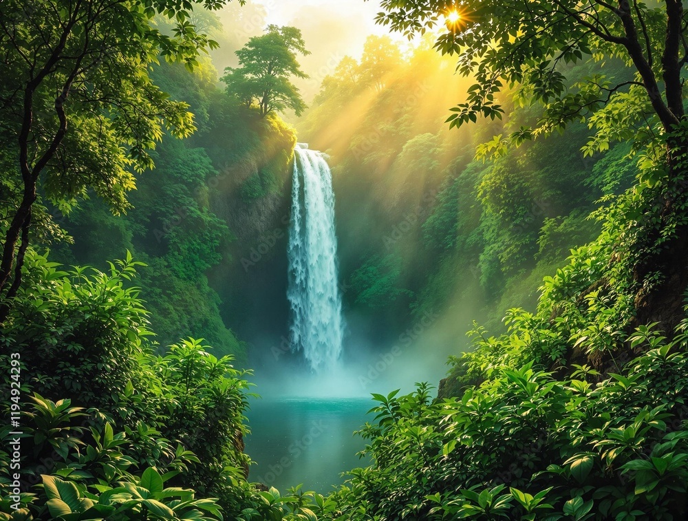 Poster  lush, green forest with a majestic waterfall cascading down in the center. Sunlight filters through the trees, casting a warm glow over the scene.