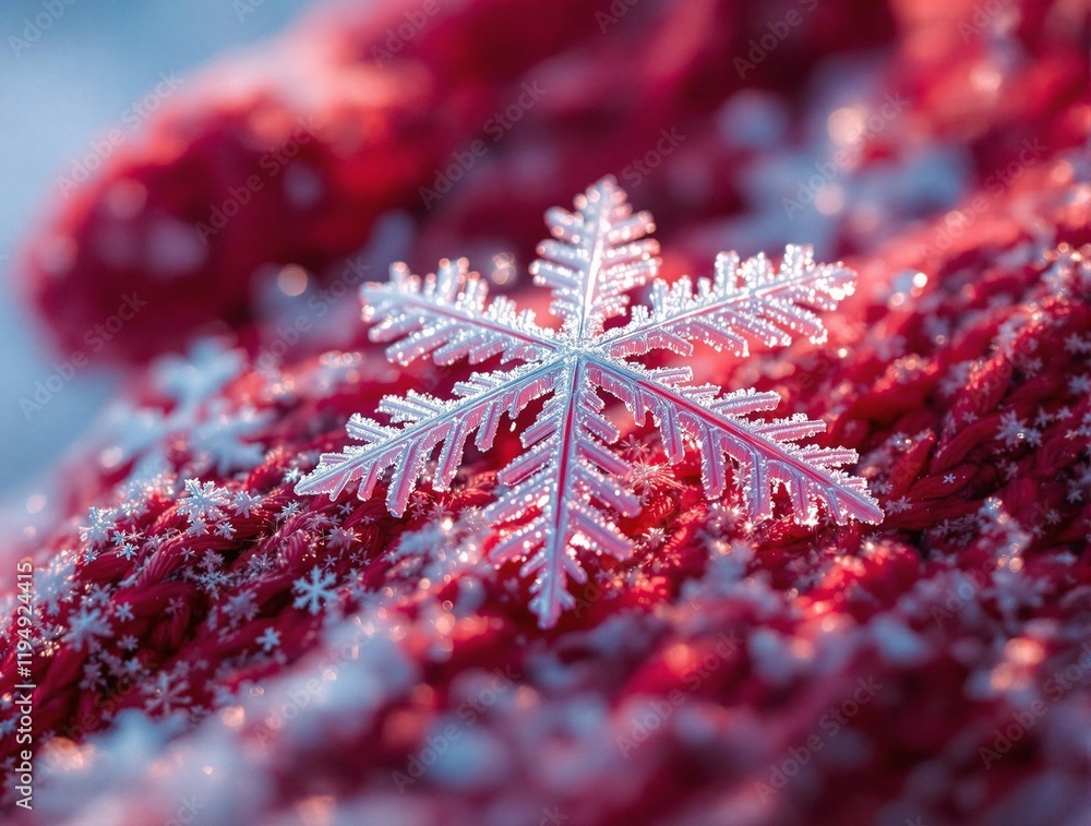 Poster single snowflake on a textured surface with a pinkish hue. The snowflake is white and intricate, with six arms extending outwards.