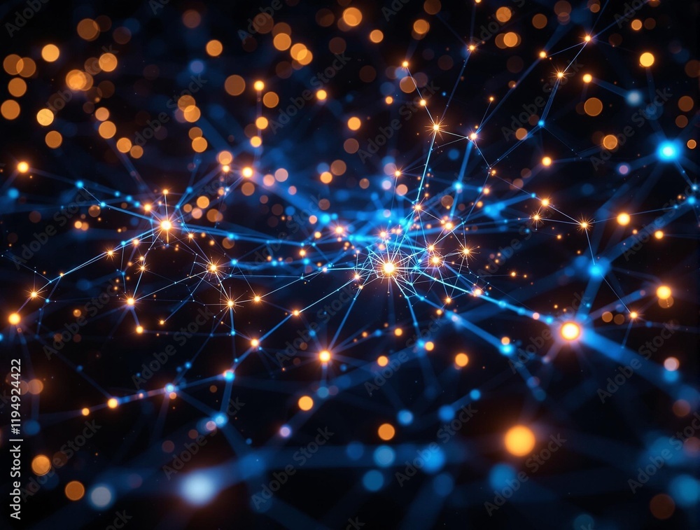 Poster vibrant, abstract background with multiple glowing blue and orange lights scattered throughout, creating a dynamic and visually striking effect. The lights appear to be coming from various directions,