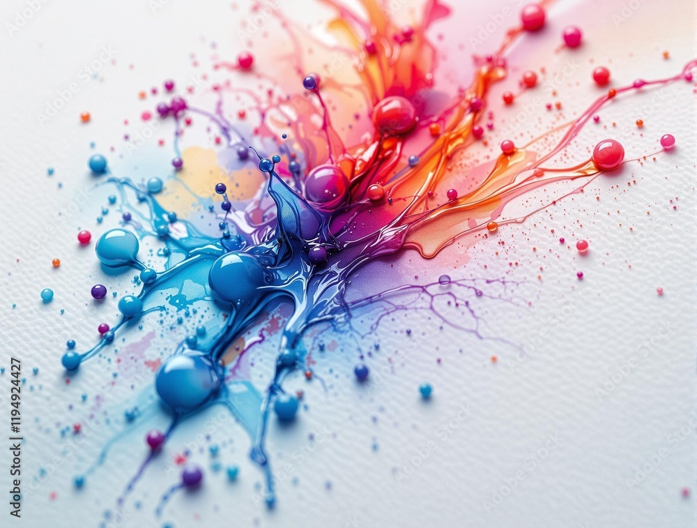 Poster colorful abstract painting with vibrant splashes of blue, pink, yellow, and red, creating a dynamic 