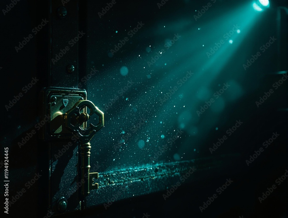 Poster close-up of a detailed, vintage key with intricate designs, set against a dark background with a bea