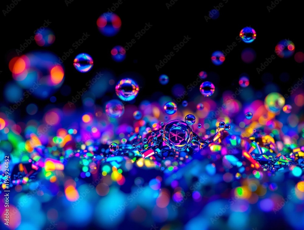 Poster vibrant, colorful scene with numerous small, sparkling bubbles scattered across the frame. the backg