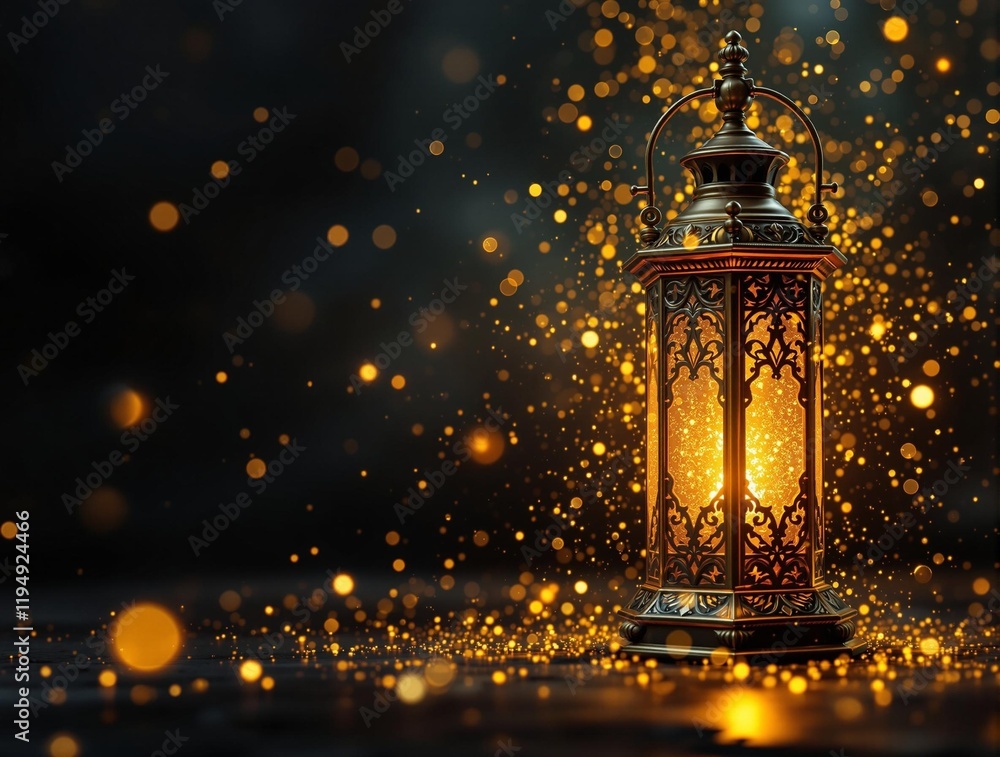 Aufkleber beautiful lantern with golden particles and bokeh effect, creating a magical and festive atmosphere. The lantern is glowing with a warm light, and the scene is set against a dark background, emphasizi