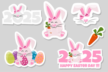 Spring Easter sticker set with rabbits, carrot and 2025. Bunny with Easter egg clipart vector. Easter bunny sticker set for kids and Easter worksheets. Cute bunny with painted eggs
