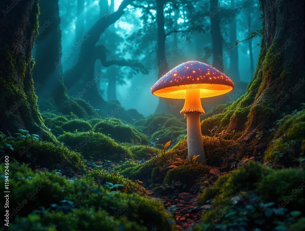 Poster mesmerizing forest scene with a large, illuminated mushroom towering amidst moss-covered trees and vines.