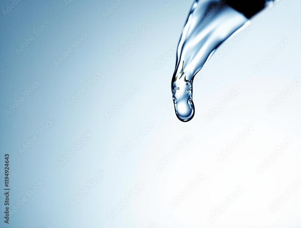 Poster close-up of water droplets falling from a faucet into a clear container, with a blurred background.