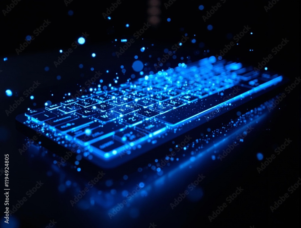 Aufkleber close-up of a glowing blue keyboard with a futuristic and tech-inspired design, illuminated with blue lights and surrounded by a bokeh effect.