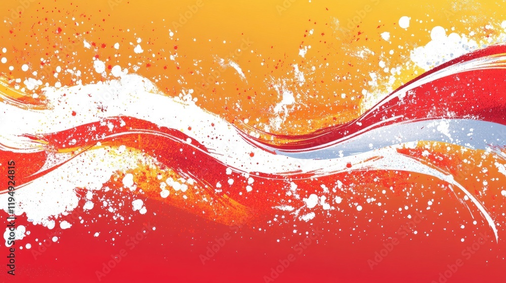 Poster a vibrant red abstract composition with splashes of color and swirling forms, offering an energetic 