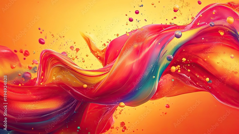 Poster a vibrant red abstract composition with splashes of color and swirling forms, offering an energetic 