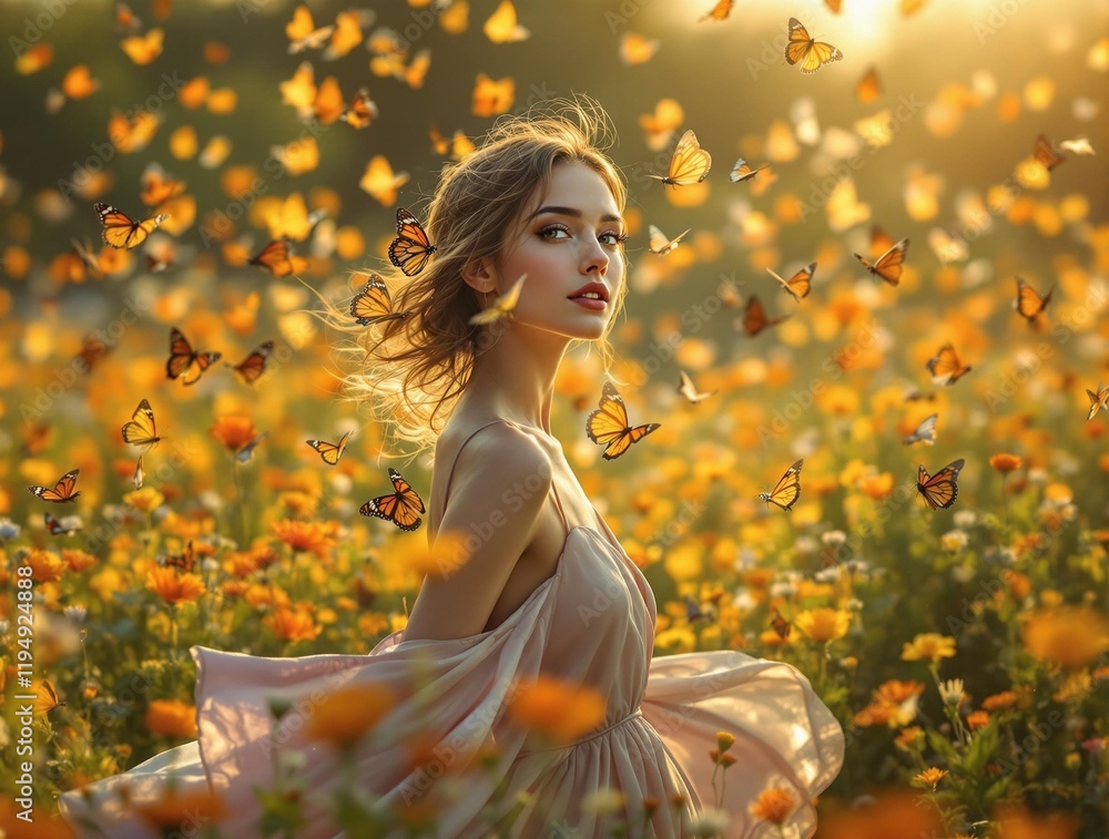Poster vibrant scene with a woman standing in a field of orange flowers, surrounded by a swarm of butterfli