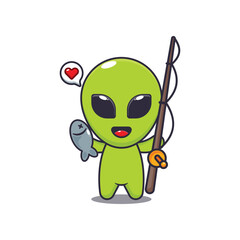 alien catching fish with fishing rod. mascot cartoon character vector illustration.