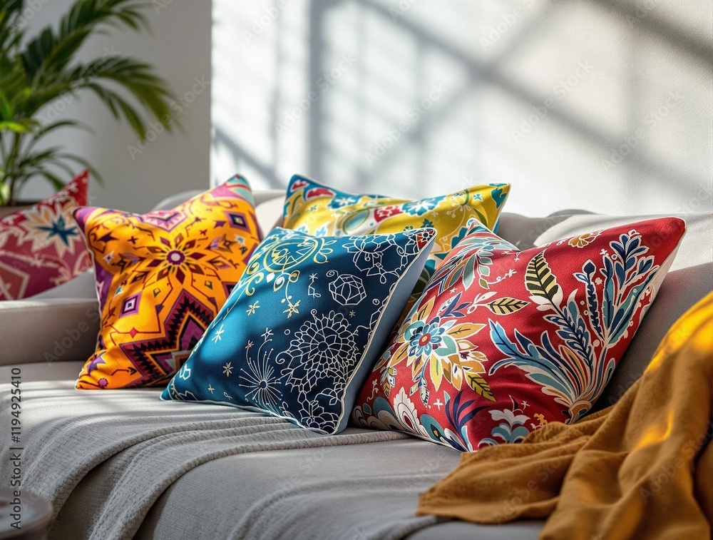 Poster cozy living room setting with a couch, throw pillows, and a blanket. there are multiple pillows in v