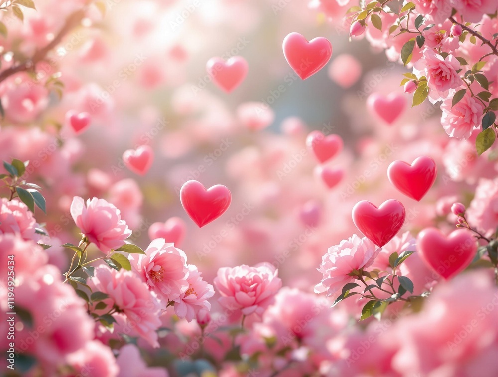 Poster background of blooming pink flowers with floating red hearts throughout, creating a romantic and liv