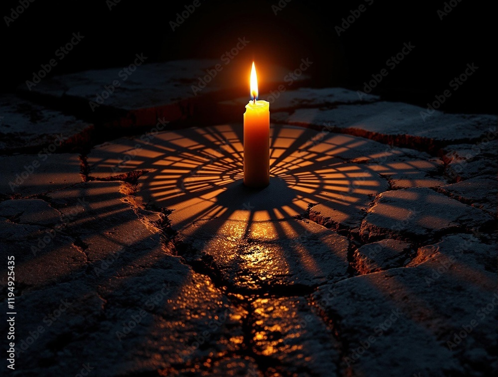 Leinwandbilder candle casting a warm light on a stone surface with a red circular pattern in the background.