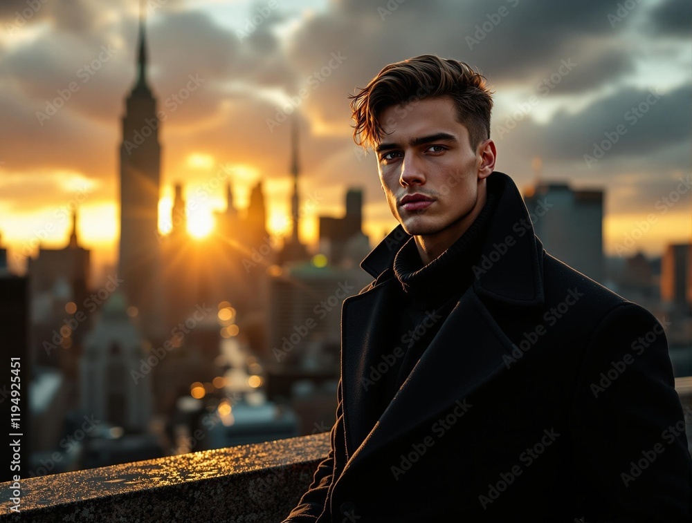 Poster man with short hair dressed in formal attire, standing on a balcony overlooking a city skyline at su