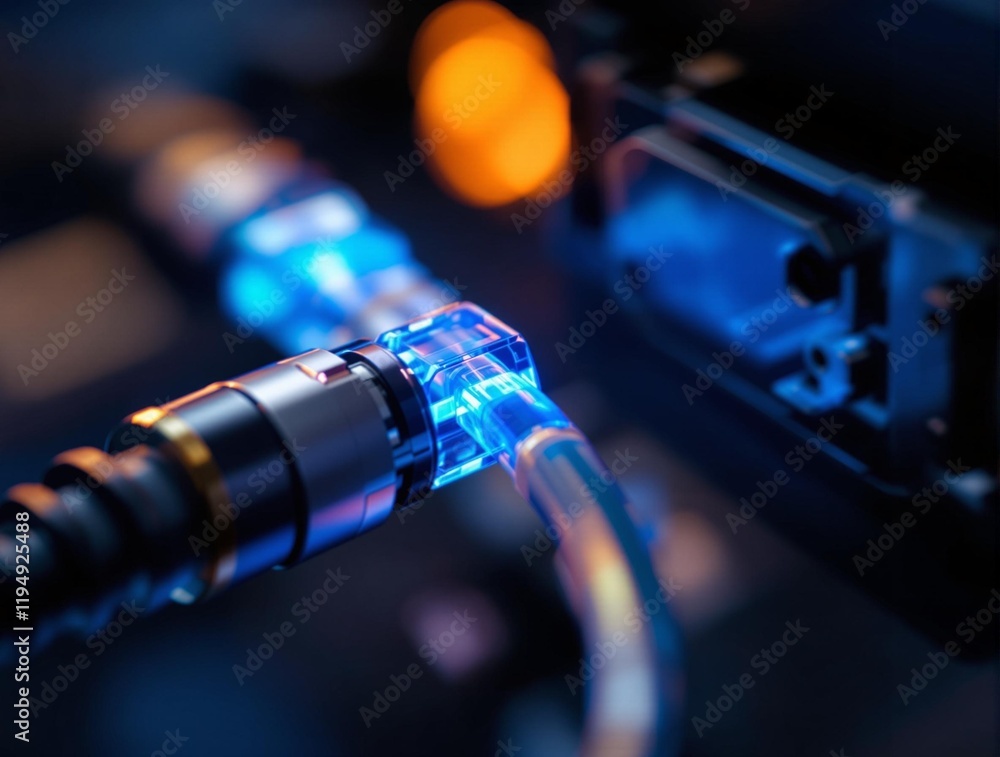 Poster close-up of a fiber optic cable connected to a device, with blue light emanating from the connection