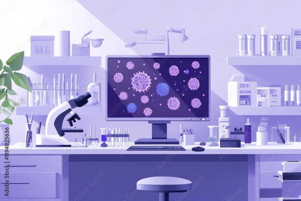 Poster laboratory workspace featuring microscopes, test tubes, and bacteria visuals on a computer monitor. 