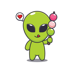alien eating dango. mascot cartoon character vector illustration.