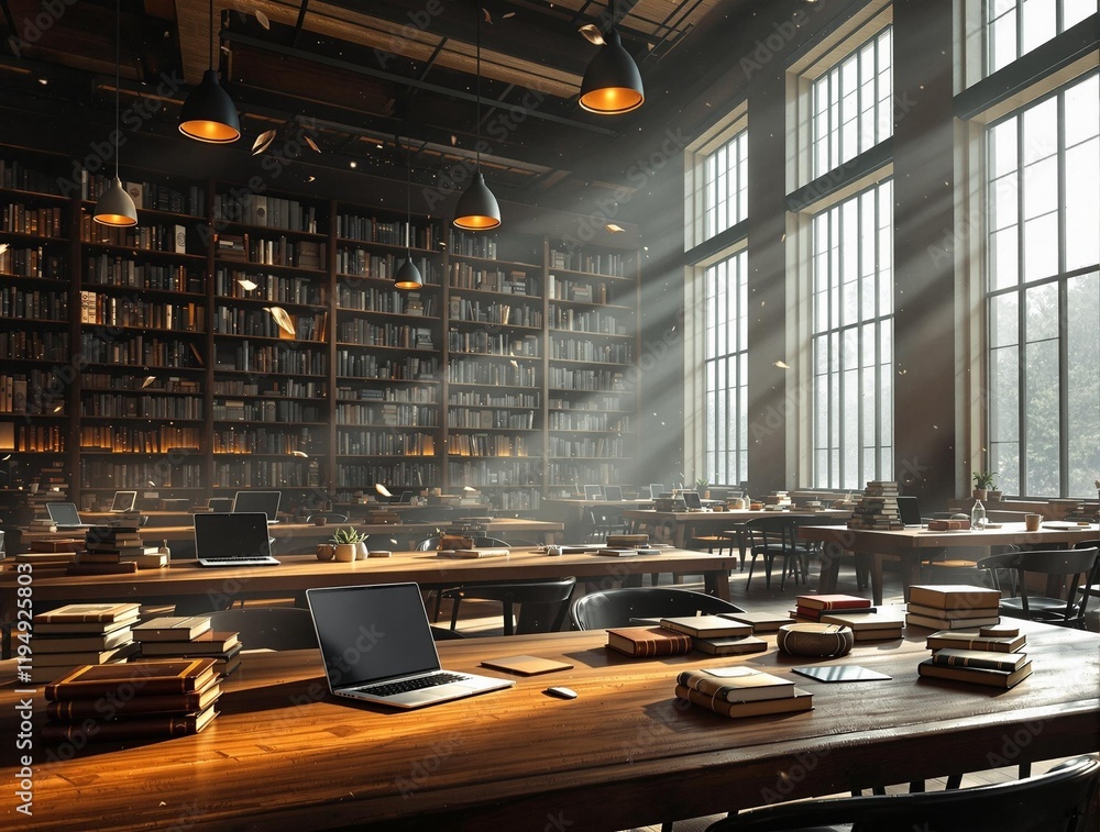 Poster cozy library setting with rows of bookshelves filled with books, large windows allowing sunlight to 