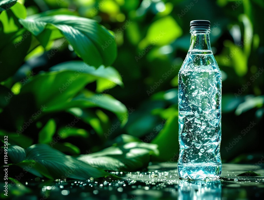 Poster glass bottle filled with water placed on a surface with green leaves in the background, creating a n