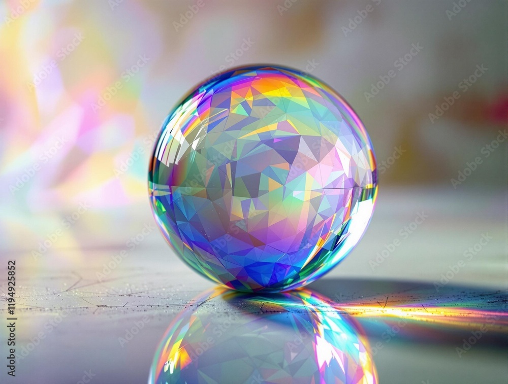 Poster a crystal ball with a colorful rainbow reflection is placed on a reflective surface.