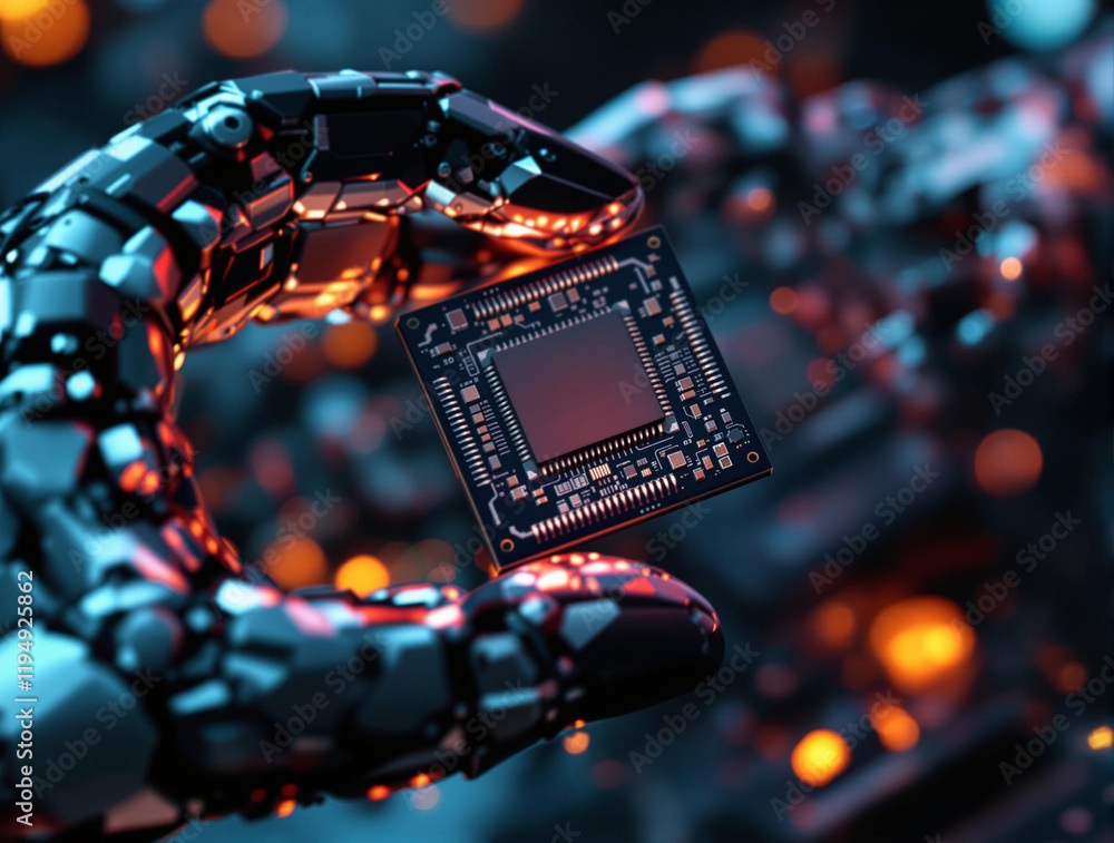 Poster robotic hand holding a small electronic chip or microprocessor. the background is a blend of dark an