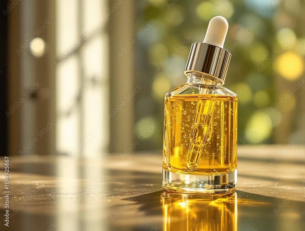 Poster close-up of a dropper bottle filled with a yellow liquid, placed on a reflective surface. The bottle is set against a background that features blurred greenery and sunlight, creating a warm and inviti