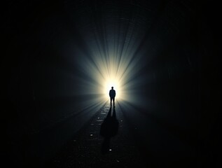 silhouette of a person standing in a dark tunnel, with a bright light source at the end of the tunnel creating a dramatic effect.