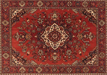 Old Persian carpet with pattern. top view. Old Red Persian Carpet Texture, abstract ornament