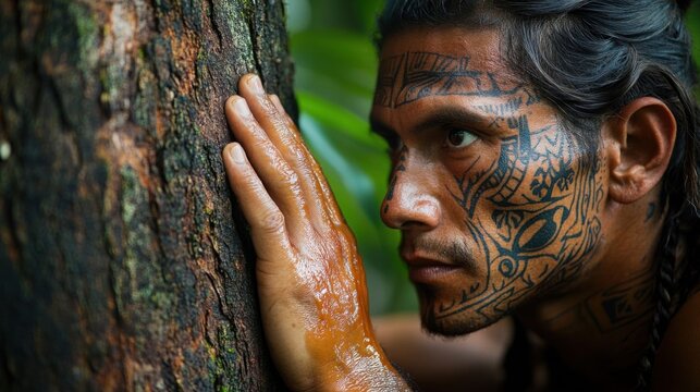 Man with tribal tattoos in jungle.