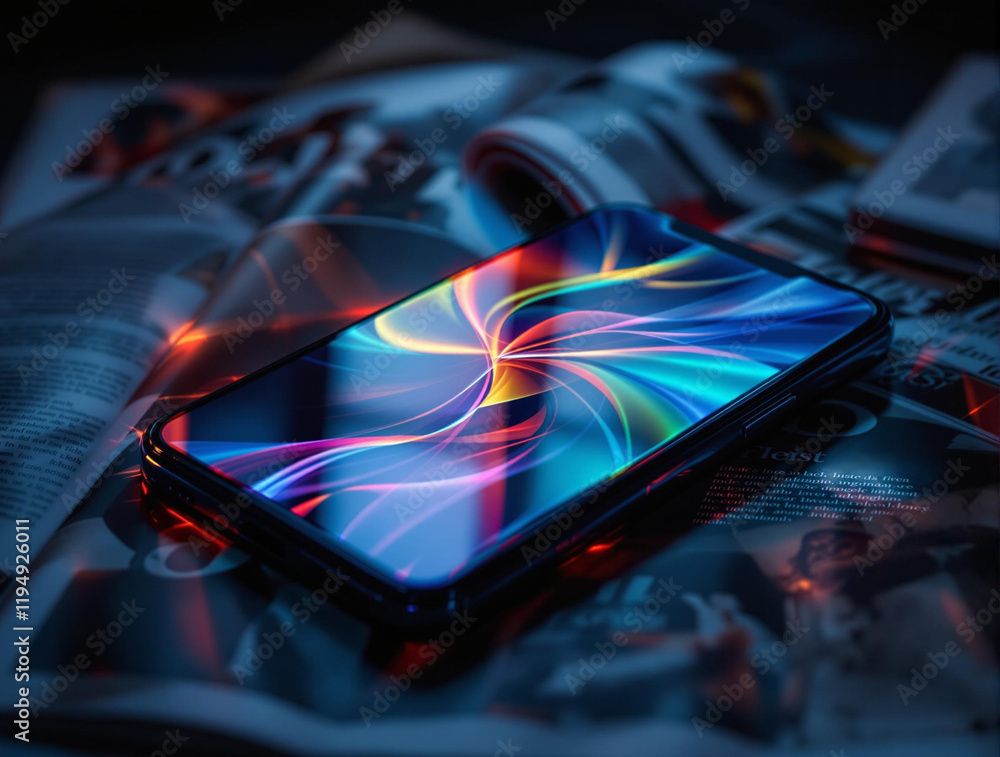 Poster smartphone with a colorful, abstract wallpaper, placed on top of some newspapers. the phone emits a 